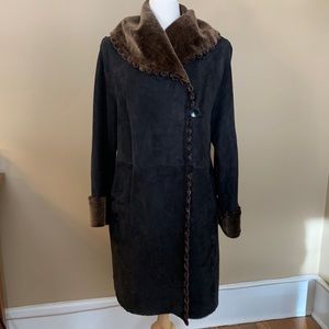 Blue Duck shearling coat with scallop-edge detail in black/brown suede.